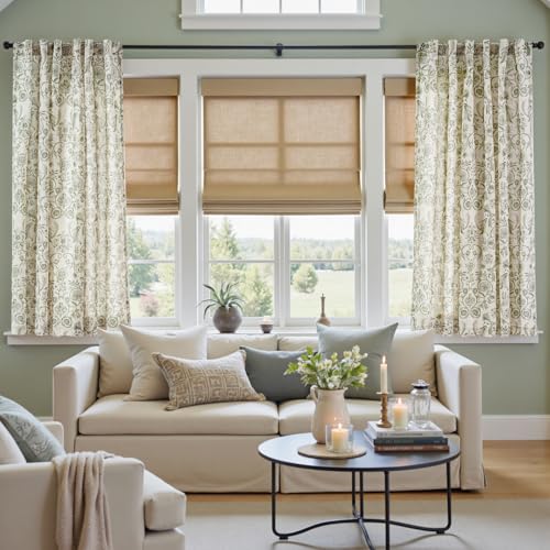 Image of jinchan Linen Floral Curtains for Living Room with Printed Flower 63 Inches Long Light Filtering Farmhouse Window Treatment Vintage Short Drapes Back Tab Rod Pocket 2 Panels Green on Beige