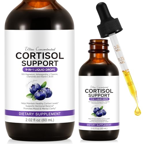 Cortisol Support with Ashwagandha Magnesium L-Theanine Chamomile and Vitamin C & D3 Cortisol Detox Hormone Balance Supplements Mood Focus Stress Relief Sleep Support -60ml