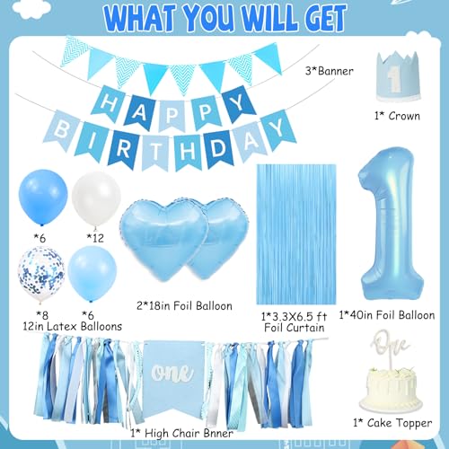 First Birthday Decorations for Boy, 1st Birthday Decorations Boy with High Chair Banner, Number 1 Balloon Cake Topper Crown Banner For Baby First Birthdays Decoration