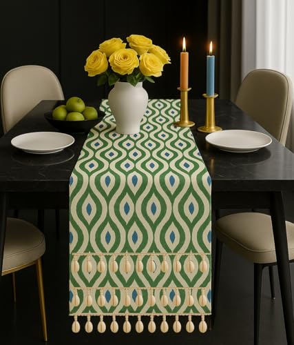 WWW.THROWPILLOW.IN Azure Ikat Print Boho Table Runner with Tassels & Kowri 13x120 Inch| Fits 9 Feet TV Unit, Center Table, Coffee Table, Dining Table, Dresser, Entry Console|Living Room Diwali Decor