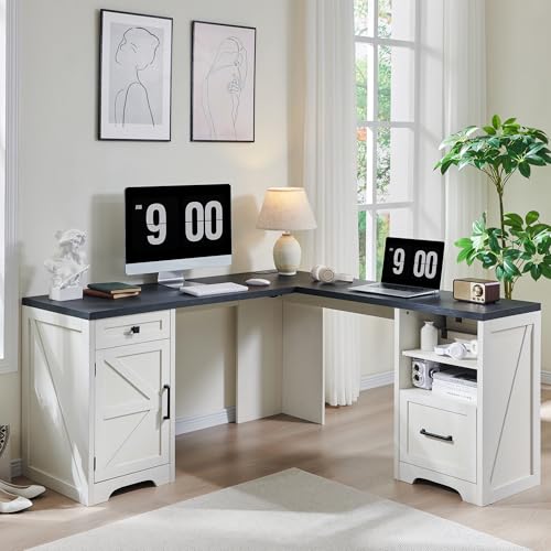 JXQTLINGMU L-Shaped Home Office Desk with File Drawer & Charging Station, 59x59 Inch, Off White