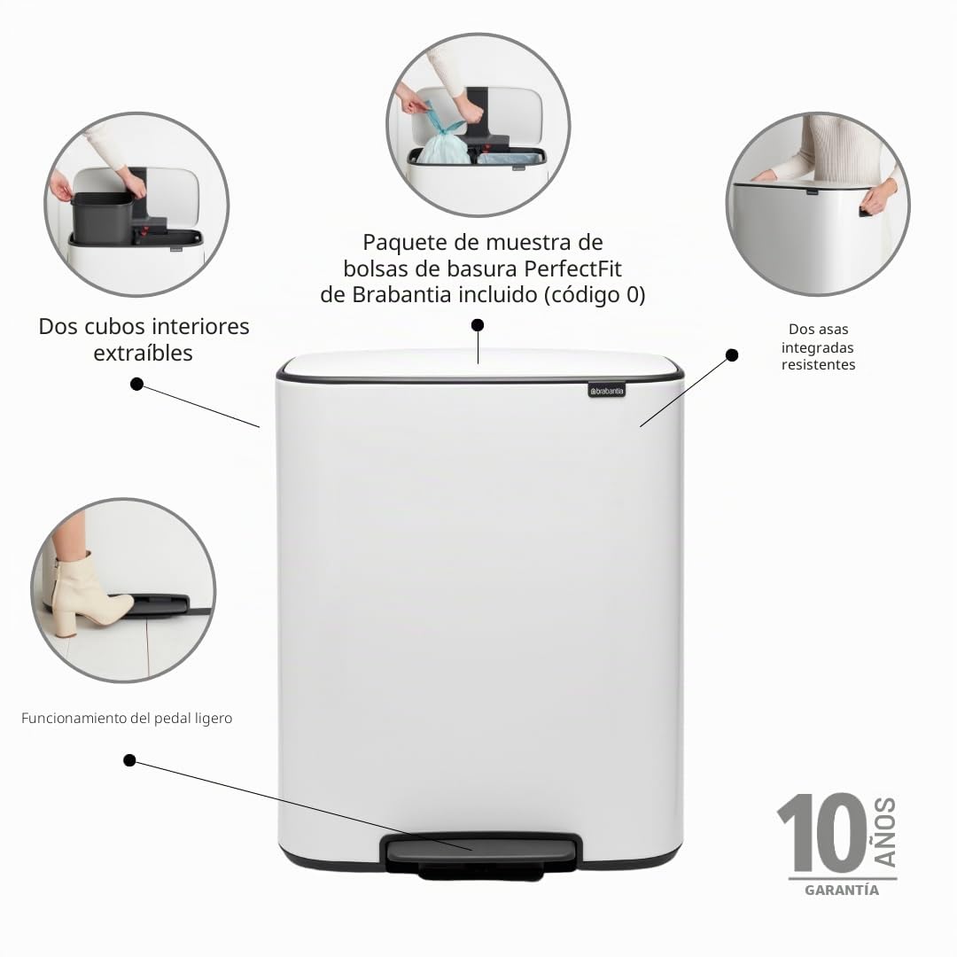 Brabantia Bo Cubo de pedal de cocina para reciclaje, 2 x 30 litros, color blanco