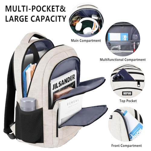 Beige Backpack for Women, School Backpack for Girls Teens Boys, Work Business Backpack with USB Charging Port,Water Resistant College Computer Bookbag Fits 15.6 Inch Laptop,Back Pack,Mochilas - Image 4