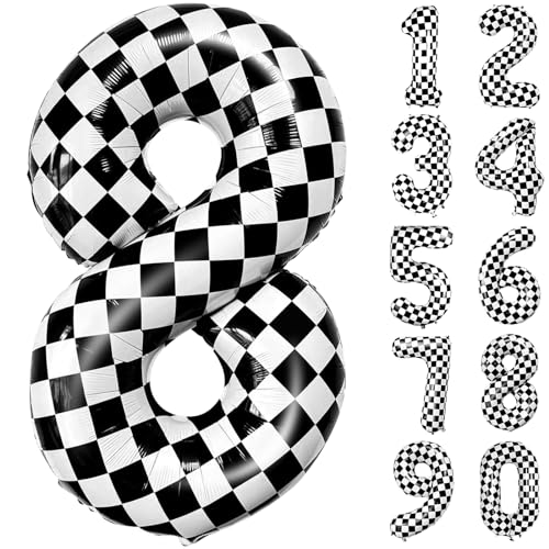 40 Inch Checkered Number Balloon, Aluminum Foil Checkerboard Balloon Black White Checkered Number Balloons for Birthday Party Supplies (8-number)