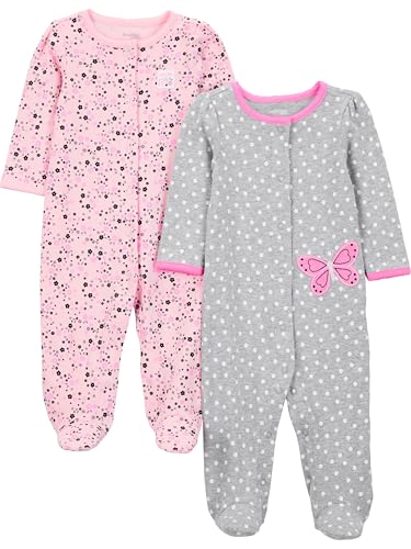 Simple Joys by Carter's Baby Girls' Cotton Snap Footed Sleep and Play, Pack of 2, Grey Butterfly/Pink Floral, Preemie