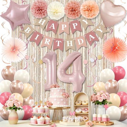 14th Birthday Decorations for Girls Beige Boho Pink Happy 14th Birthday Banner with Fringe Curtain Paper Pom Poms Number 14 Balloons Circle Dots Garland Neutral Party Decor 14 Year Old
