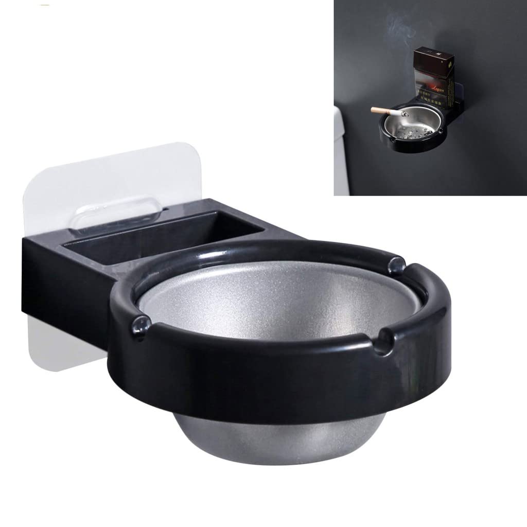 Wall Mount Cigarettes Smoke Ashtray Portable Ash Cylinder Holder Nail Free Removable Stainless Steel Ashtray Smoking Accessories for Bathroom Toilet Hallway Kitchen Office Home (Black)