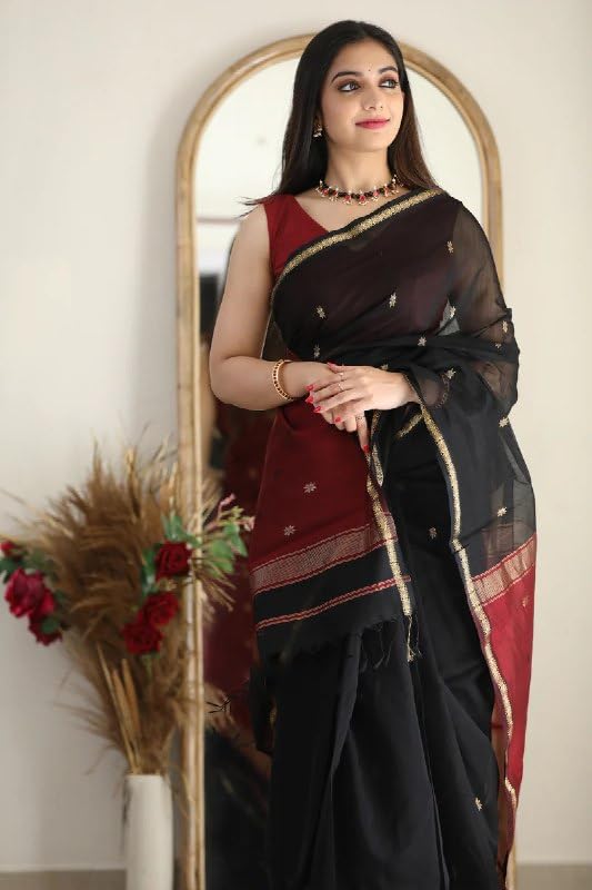 Image of Flosive Women's Chanderi Cotton Silk Saree in Dual-Tone Black & Maroon | Elegant Gold Zari Border with Butti Work | Traditional Saree with Unstitched Blouse Piece
