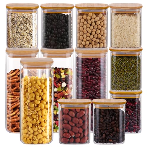 12 Pack 600ml, 1200ml Glass Storage Jars with Bamboo Lids, Kitchen Storage Jars Canisters, Glass Storage Containers with Lids Airtight for Spice Coffee Tea Sugar kitchen Storage Organisation