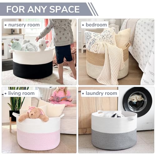Image of INDRESSME XXXLarge Cotton Rope Basket 21.7 inch x 21.7 inch x 13.8 inch Woven Baby Laundry Baskets Blanket Basket Toy Baskets with Handle Storage Comforter Cushions Navy Laundry Hamper