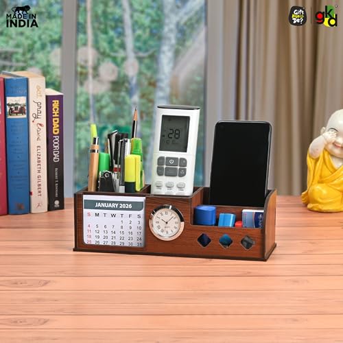 Image of GKD Wooden Desk Calendar 2026 with Clock & Desk Organizer | Premium Engineered Wood Table Calendar for Office & Home Decor | Corporate Gift | Made in India