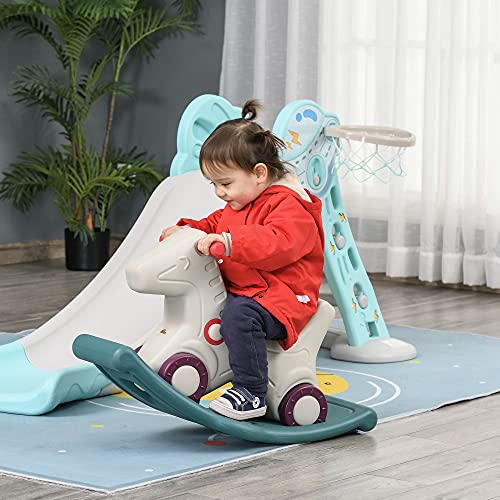 Qaba Kids 2 In 1 Rocking Horse & Sliding Car For Indoor & Outdoor Use W/Detachable Base, Wheels, Smooth Materials, Grey And Green #TOP1