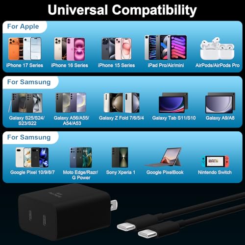 Image of Super Fast Samsung Charger Type C,45W Dual Port USB C Fast Charger Block [2-Pack] & Extra Long 60W 3 /6 /6 /10FT USB C Cable - PD Quick Charging 3.0 for Samsung Galaxy S26 S25 Ultra /S24+ /S23 iPhone 16