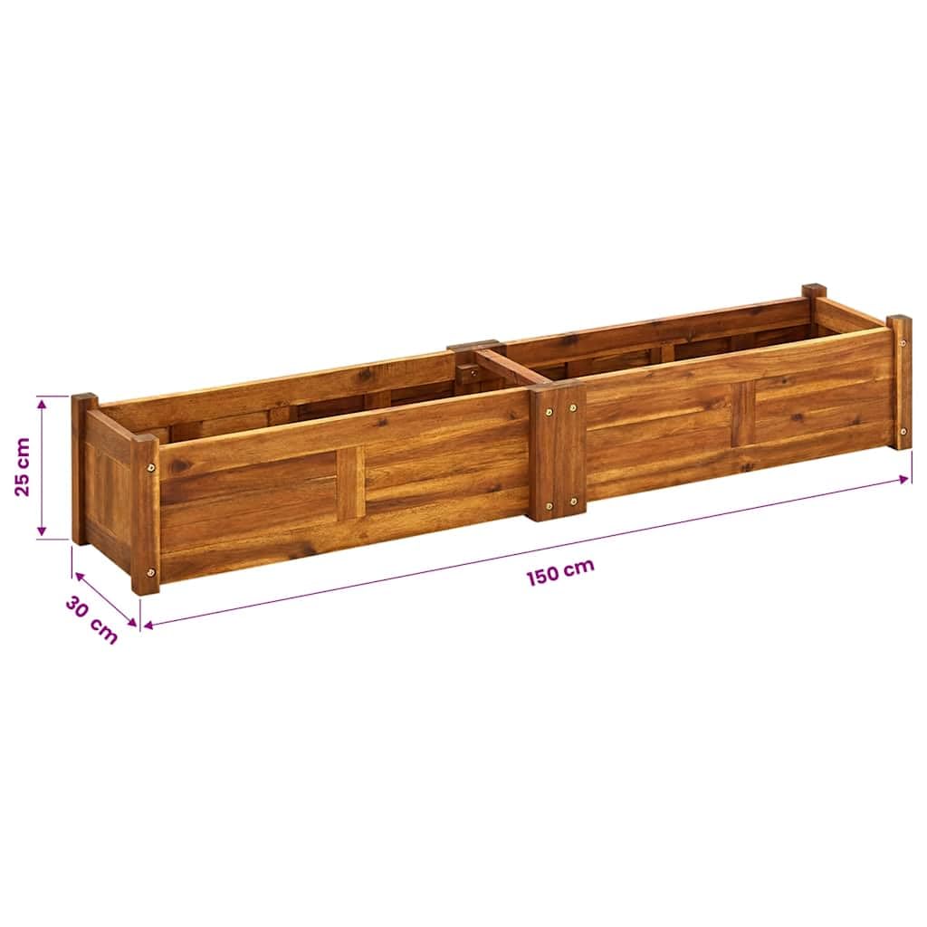 Jardinera de madera de acacia para jardín, 150 x 30 x 25 cm, color marrón, jardinera para hierbas, balcón, terraza, exterior, resistente a las heladas, con almacenamiento de agua y protección