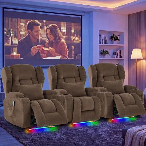 Image of Wall Hugger Power Recliner Chair Set of 2, Overstuffed Home Theater Seating w /Heat Massage Electric Movie Gaming Sofa Reclining Sleeper Chair with LED Light /Lumbar Pillow /Cup Holders