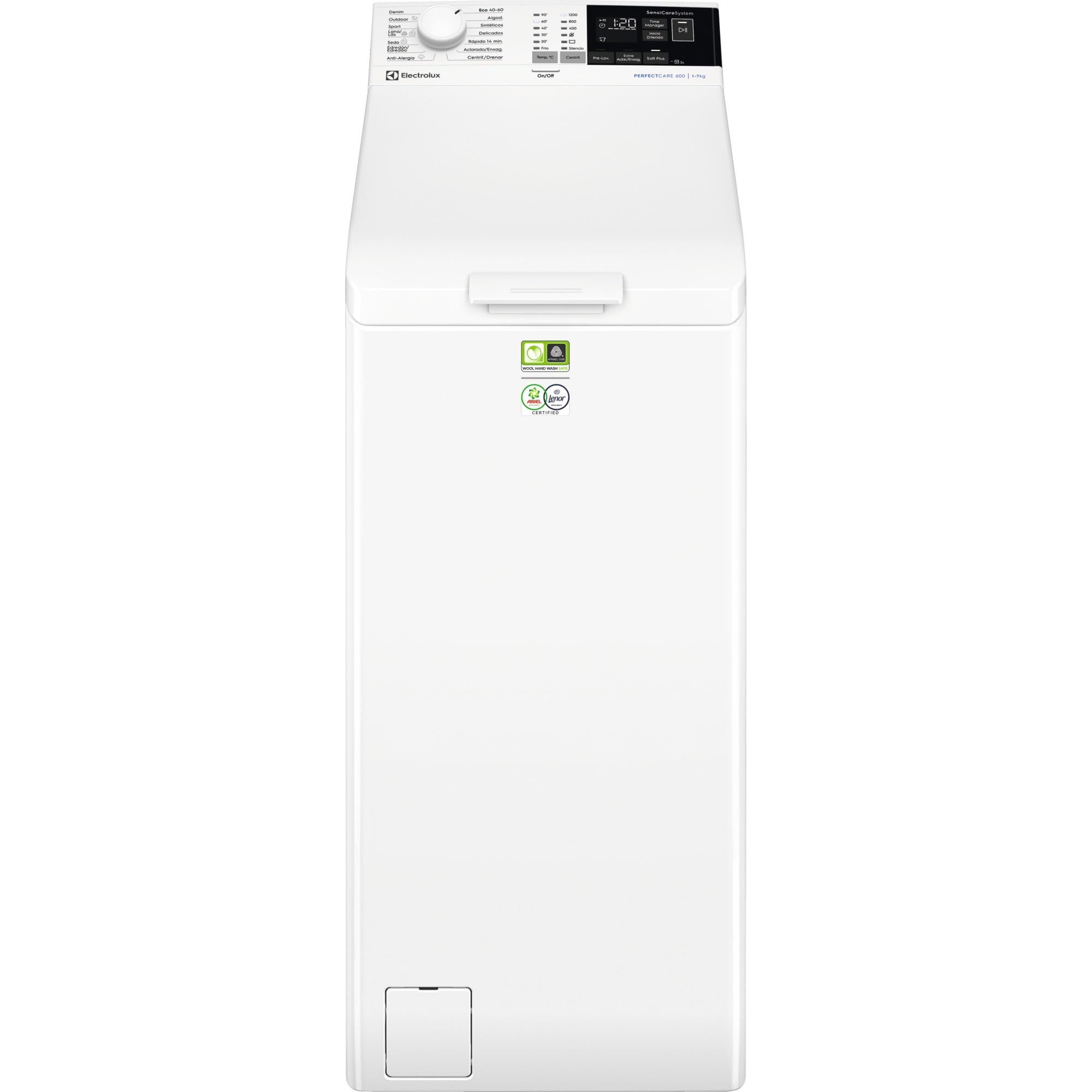 Electrolux EN6T4722NF Lavadora de Carga Superior 7Kg, 1200 rpm, Libre Instalación, Tecnología SensiCare, Función TimeSave, Inicio en Diferido, Programa Antialergias, Display LCD, Blanco, Clase A Etiqueta Energética