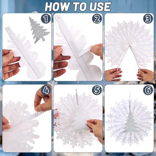 Image of Christmas Snowflake Decorations, White Paper Snowflakes Hanging Decor, Winter Wonderland Snowflake Paper Fans, Silver Paper Stars, Tinsel Garland for Xmas Wall Backdrop Frozen Birthday Party Supplies