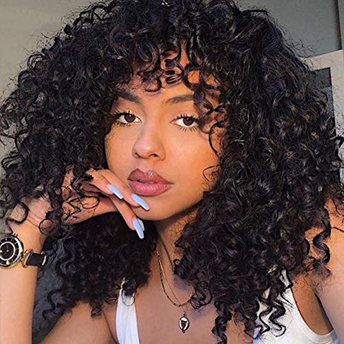 BUKOO Short Kinky Curly Wigs for Black Women, Afro Black Wig with Bangs, Shoulder Length Full Wigs, Synthetic Heat Resistant Fiber Wigs for Daily Use (Black)