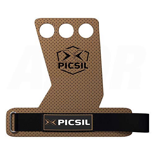 PicSil Calleras Azor para Cross Training 3 Agujeros Agarre y Protector de Mano o Guantes para Gimnasia Unisex para Hombres y Mujeres en Deportes de Fitness Calistenia Halterofilia (Talla L, Marrón)