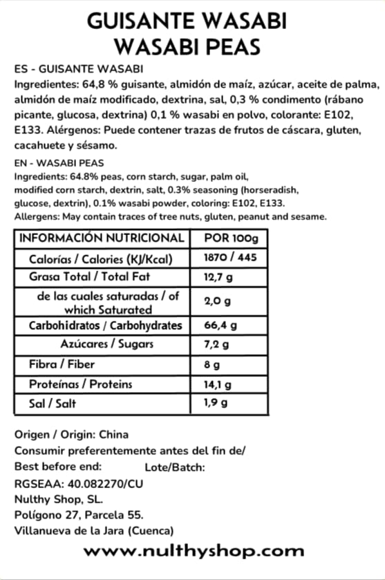 Guisantes con Wasabi 500g, Legumbre Tostada Picante, Snack Crujiente Alto en Proteína Vegetal