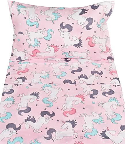 J-Pinno Pink Unicorn 100% Cotton 3 Pieces Cartoon Toddler Sheet Set For Kids Boys Girls, Flat Sheet Fitted Sheet And Pillowcase, Cozy Breathable Unisex Nursery School Crib Bedding Set (Unicorn) #TOP2