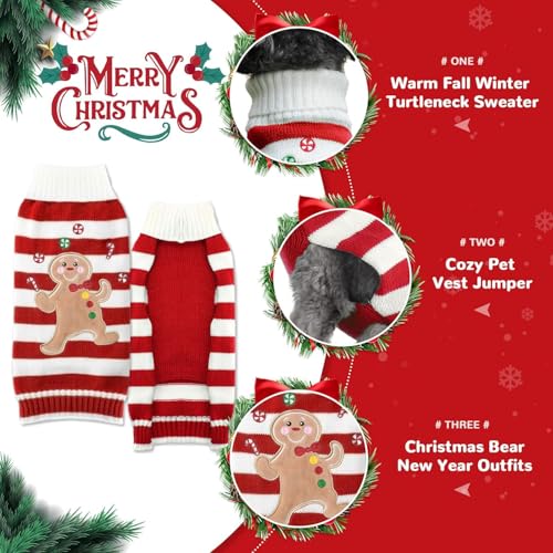 SKXEO Weihnachten Hund Pullover Kostüm, Neujahr Haustier Kostüm warm Winter Pullover gestrickt Weihnachten Haustier Kleidung für Welpen Katze Hunde (Gestreifter Lebkuchenmann-Pullover, S)