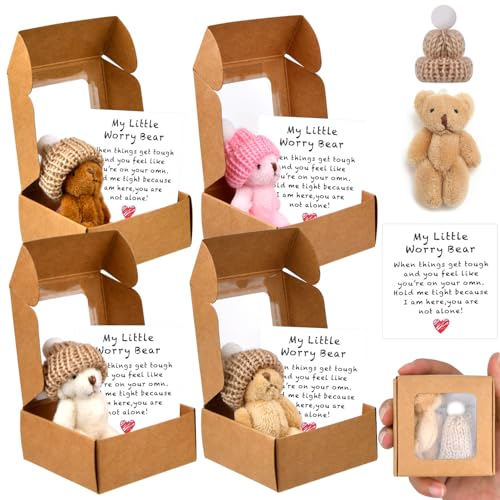 magimagi 4Pcs Worry Bear in A Box Pocket Hug with Inspirational Card My Little Worry Bear in A Box Care Bears Emotional Support Gift Positive Gifts (B)