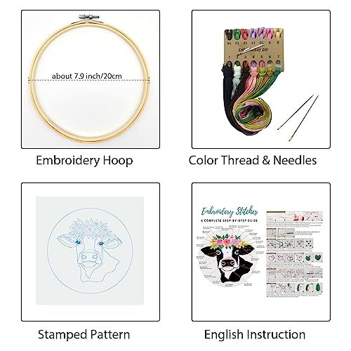 Image of Louise Maelys Cow Beginners Embroidery Kits,Cross Stitch Starter kit for Adults with Embroidery Cloth Hoop Needles Instruction and Threads | Cross Stitch Starter Kit With Cow Design, Includes Pre-Printed Fabric, Hoop, Threads, Needles And Guide. Needlepoint Kit