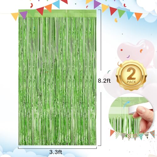 Image of Grass Green Fringe Curtain Party Streamers 2Pack 3.3 x 8.3 Ft Foil Fringe Backdrop Curtains for Birthday Wedding Bridal Baby Shower Holiday Tinsel Streamers Green Party Decorations Door Streamer