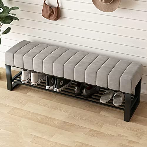 Zapatero de entrada con asiento acolchado, banco de almacenamiento de 2 niveles con cubierta de terciopelo, banco de zapatos de gran capacidad para dormitorio y pasillo, soporte de metal res