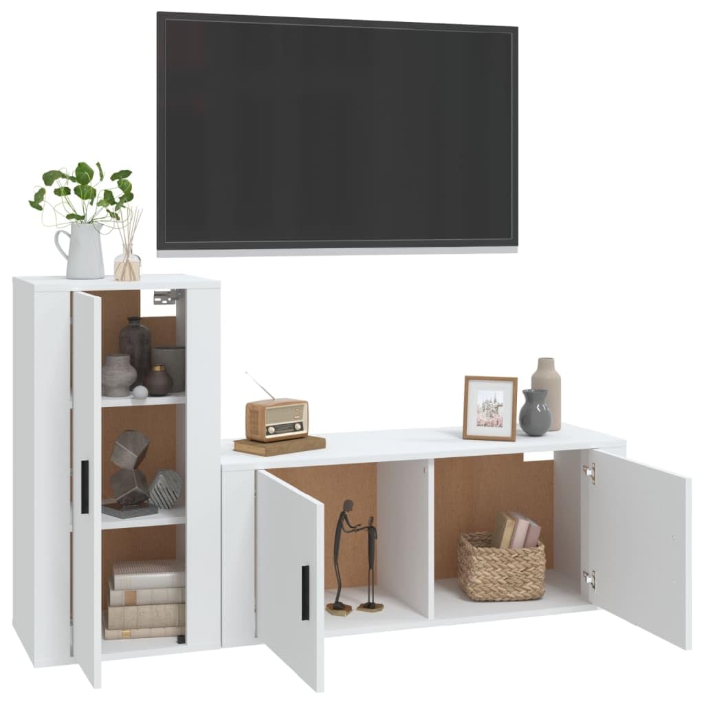 2-TLG. TV-Schrank-Set Weiß, Holzwerkstoff, Wandmontage, Modernes Media Center für Wohnzimmer, Viel Stauraum, Schwebendes Design, Robust & Stabil