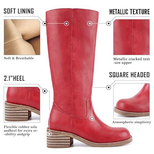 Image of UBWDU Women's Knee High Boots Chunky Block Heel Long Boots Square Toe Low Heel Boots for Women