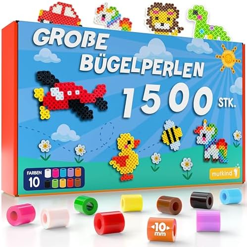 MUTKIND® 1500x Bügelperlen Groß 10mm [10 Tolle Farben] - Für Kinder ab 3 Jahren - Extra Leicht zu Greifen - XL Große Bügelperlen Maxi Steckperlen Set - Inkl. 50 kreativen Vorlagen