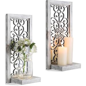 Candle Sconces White Wall Art: Set of 2 Wooden Rustic Wall Candle Holders Vintage Home Decor with Acrylic Mirror for Bathroom Bedroom Hallway