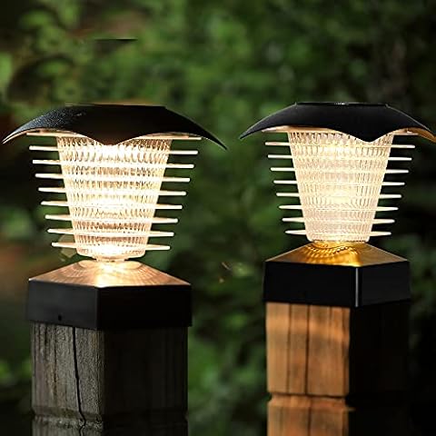 Solar Post Lights Outdoor, Waterproof Fence Post Solar Lights, 2 Pack Solar Post Cap Lights for Fence Garden Deck Patio Decoration, Fit on 4x4 Wooden Posts, Unique Spiral Design, Warm White, 10 Lumens Cover