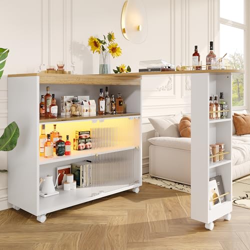Merax Table de Bar Extensible avec Rangement 138-204 cm, Îlot de Cuisine avec LED et roulettes, Table Bistrot Multifonctionnelle Blanc