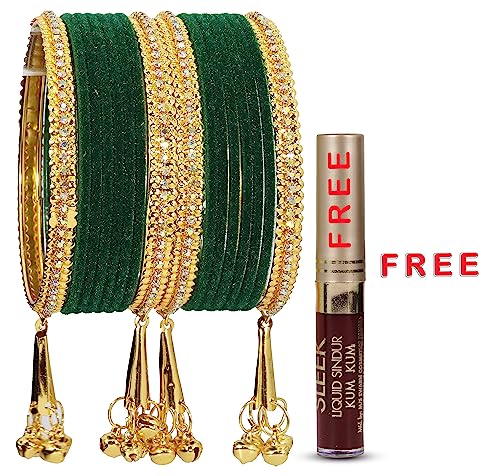 Image of NMII Metal with Zircon Gemstone and Velvet Studded Bells Latkan Bangles Set For Girls and Women I Latkan Bangles, Premium Bangle Bracelet Set I Pack of 16 Bangles
