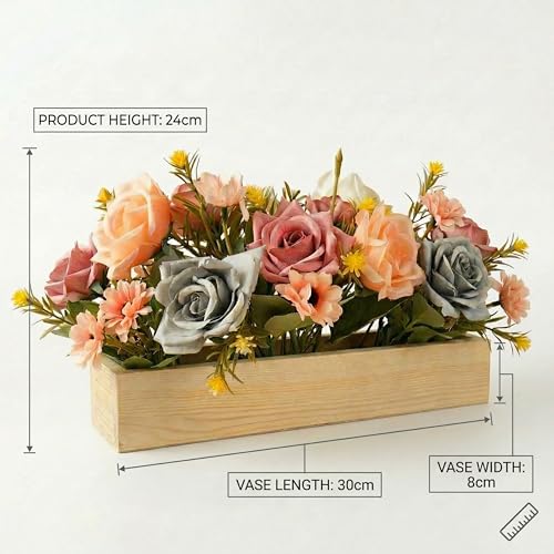 Image of Dekorly Artificial Rose Flower Arrangement with Wooden Planter (24 CM) | Premium Realistic Floral Decor for Table & Living Room | Stylish Indoor Decor for Living Room