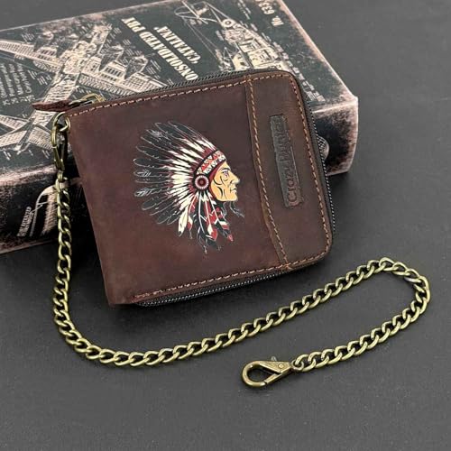 Retro Biker Genuine Leather Wallet American Indian Chief Head Zipper Card Holder Purse W/Chain Mens2