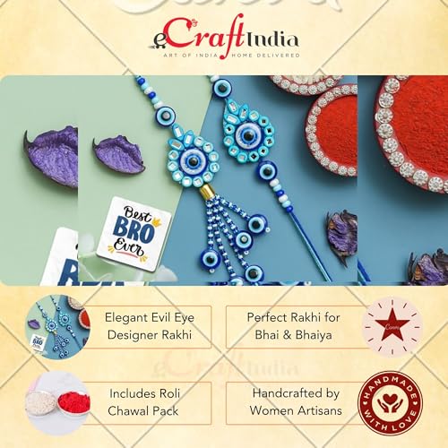 Image of eCraftIndia Evil Eye Designer Bhaiya Bhabhi Rakhis with Best Bro Ever Fridge Magnet | Set of 2 Rakhi for Brother and Bhabhi | Lumba Rakhi | Roli Chawal Pack