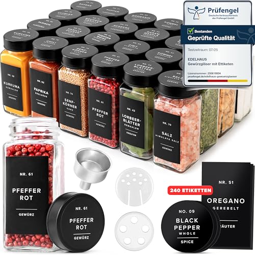 EDELHAUS Gewürzgläser Eckig Set mit Deckel (24 x 120ml) Gewürzstreuer mit Streueinsatz und 240 Etiketten Schwarz - Hochwertige Gewürzbehälter, Gewürzdosen, Gewürze organizer [10,7cm x 4,5cm]