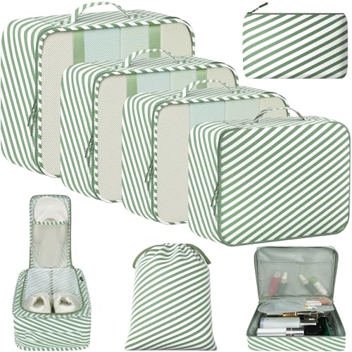 Image of BAGAIL 8 Set Packing Cubes Luggage Packing Organizers for Travel Accessories-White and Matcha Stripe