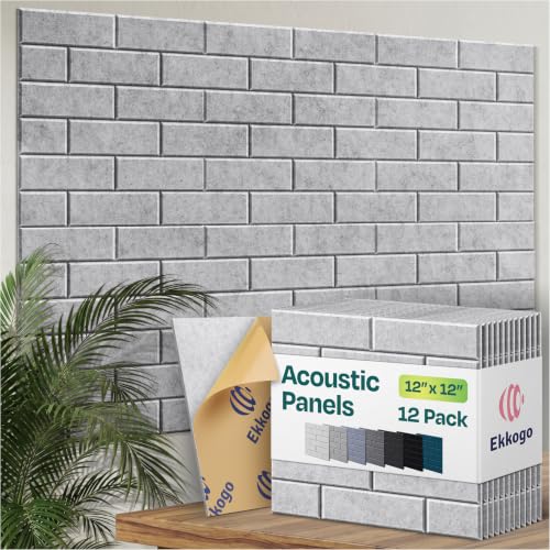 Image of Acoustic Wall Panels 12-Pack, 12 inchx12 inchx0.4 inch Decorative Self-Adhesive Sound Proofing | High Density 3D Brick Soundproof Absorbing Tiles for Walls, Home, Office & Studio - Light Gray