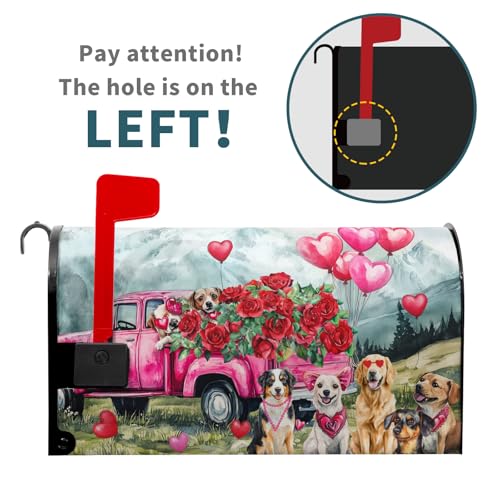 Image of Happy Valentines Day Mailbox Cover Magnetic Valentine Truck Dog Flowers Mailbox Wrap Post Cover Large Size 25.5x21 Inch for Garden Yard Outdoor Outside Patio Wedding Holiday Decor