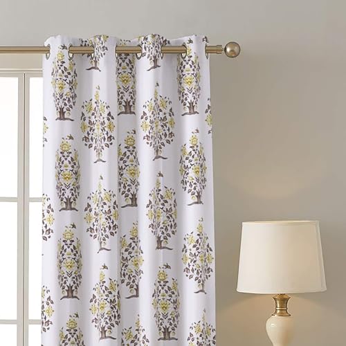 Image of Homestan 100% Pure Cotton Long Door Curtains 9 Feet Long Set of 1, Block Print Canvas Screen for Door for Home Decor (Flower Plant - Yellow)
