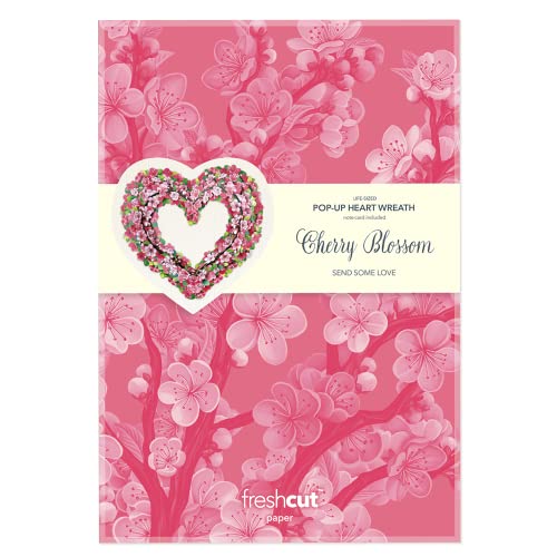 Freshcut Paper Pop Up Cherry Blossom Heart Wreath, 15 Inch Floral Paper Wreath, Reuseable Faux Flower Party Decoration & Indoor Wreath & Home Decor - 3D Popup Wreath With Blank Card #TOP2