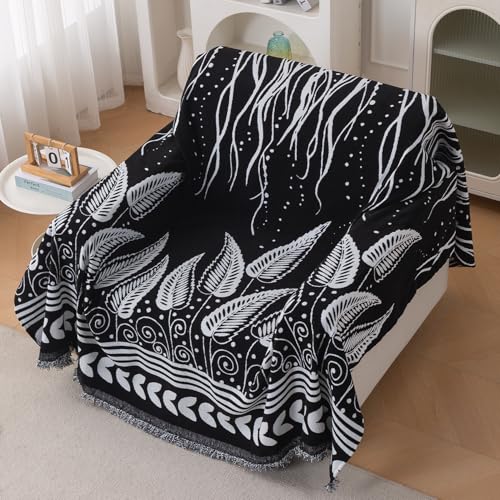 Image of HOKIPO Printed 320 GSM Chenille Sofa Cover Throw Blanket for 1 Seater Sofa - All Season, 'Serene Abode Series' Black Fern Tribal (180x180 cm) (AR-6631-D4)