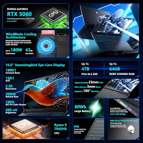 Image of Thunderobot Radiant 16S R9 5060 300Hz Gaming Laptop, 16 inch QHD+ 2.5K, AMD Ryzen 9 7945HX, GeForce RTX 5060, up to 300Hz Hummingbird Display, 32GB DDR5, 1TB SSD, RGB Backlit KB, Wi-Fi 6, Win 11 Home