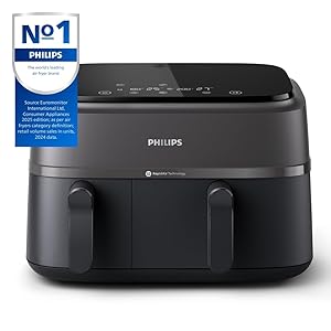 Philips Dual Basket Air Fryer 3000 Series, 8-in-1 functions, 9.5 Quarts, 2 Drawers, Auto-sync Cooking Time, 90% Less Fat, Rapid Air Technology, HomeID Recipe App, Dishwasher Safe, Black, (NA350/00)