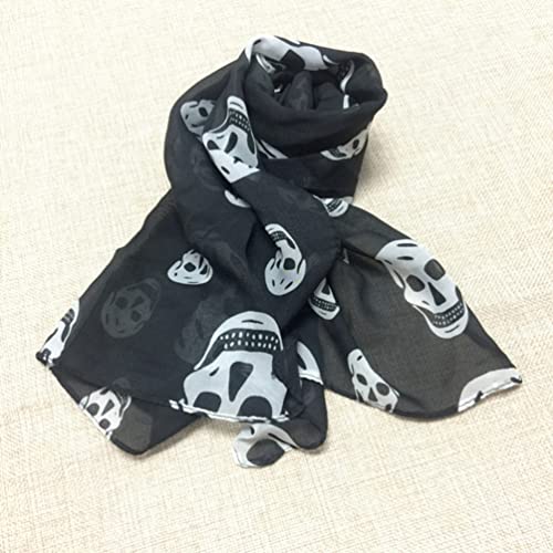 Wakauto Ladies Tulle Skull Pattern Printed Scarf Cool Comfortable Fashion Soft Gothic Scarf Shawl Ladies Girls 165 X 70cm (Black)3